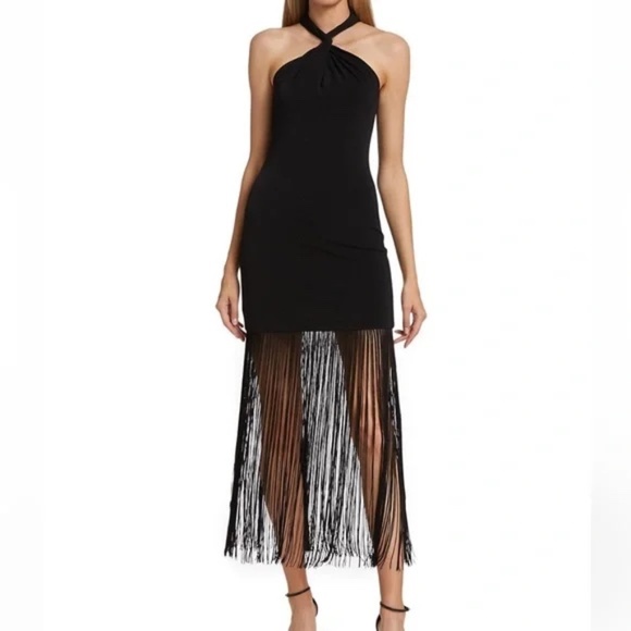 Alice + Olivia Steph Twist Neck Fringe Dress in Black Size 4. - Picture 1 of 4